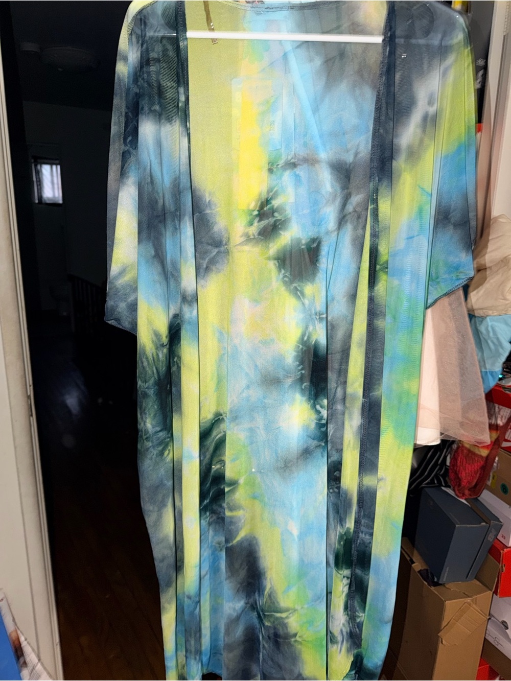 Tie-Dye Long Kimono Cardigan in Blue & Lime